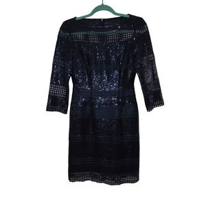 Alex Marie Abigail Sequin Lace Dress Midnight Navy Blue 3/4 Sleeve Sheath 2